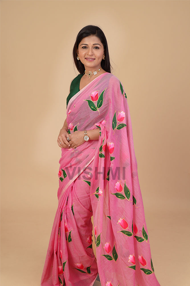 Baby Pink Mul Tulip Handpainted Saree