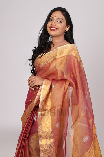 Rose Gold Handloom Metallic muslin banarasi Saree
