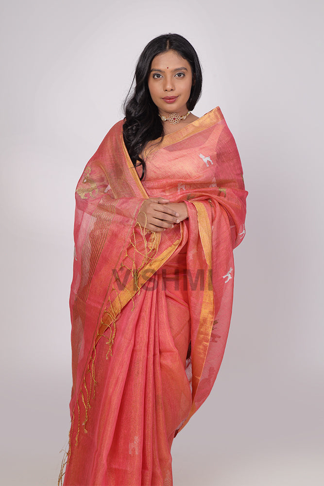 peach pink deer Handloom Tissue Linen Saree