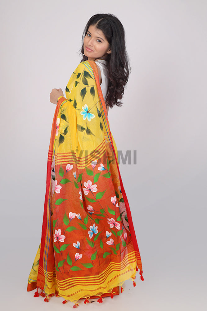 Yellow Satin Border Floral HandPainted Saree