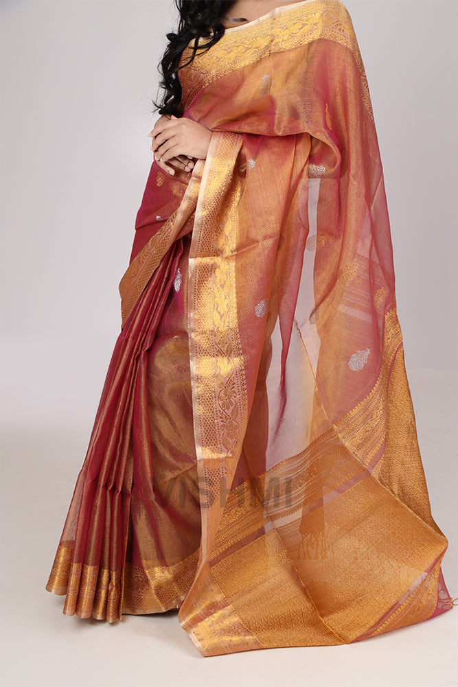Rose Gold Handloom Metallic muslin banarasi Saree