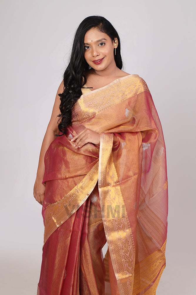 Rose Gold Handloom Metallic muslin banarasi Saree