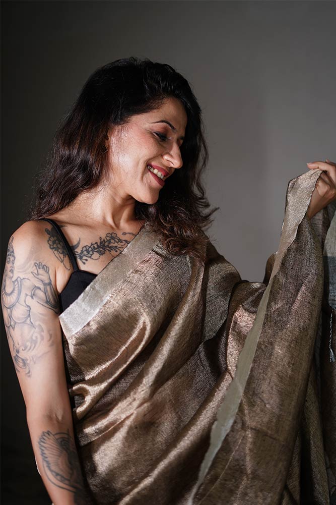 Beige Gold Plain Metallic Linen Sarees