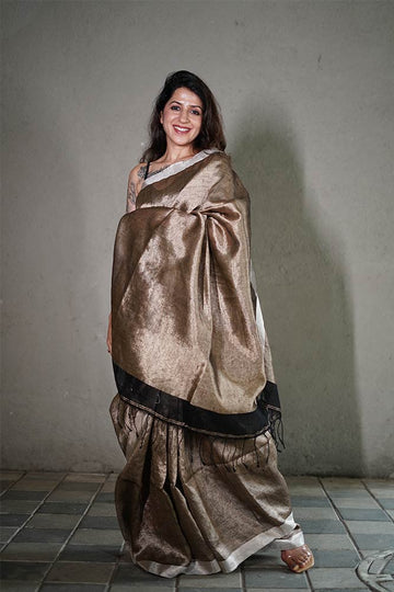 Beige Gold Plain Metallic Linen Sarees