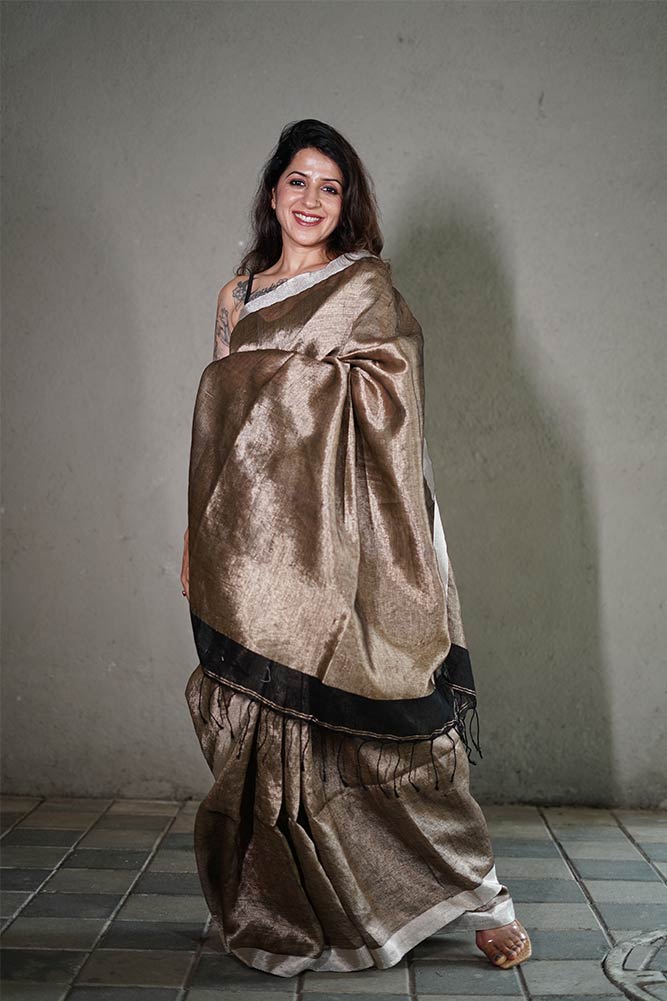 Beige Gold Plain Metallic Linen Sarees