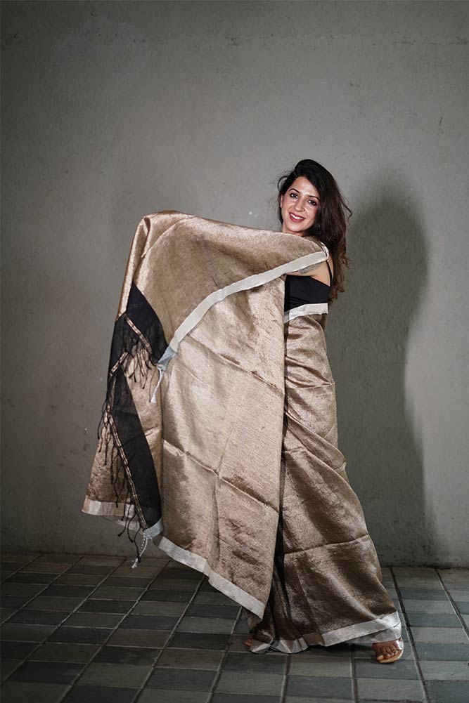 Beige Gold Plain Metallic Linen Sarees