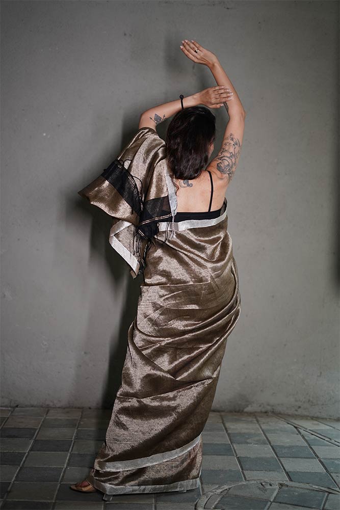 Beige Gold Plain Metallic Linen Sarees