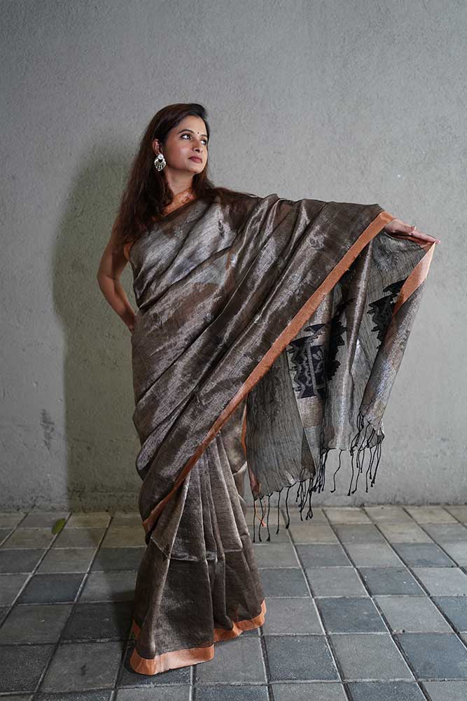 Beige Gold Jamdani Tissue Linen Sarees