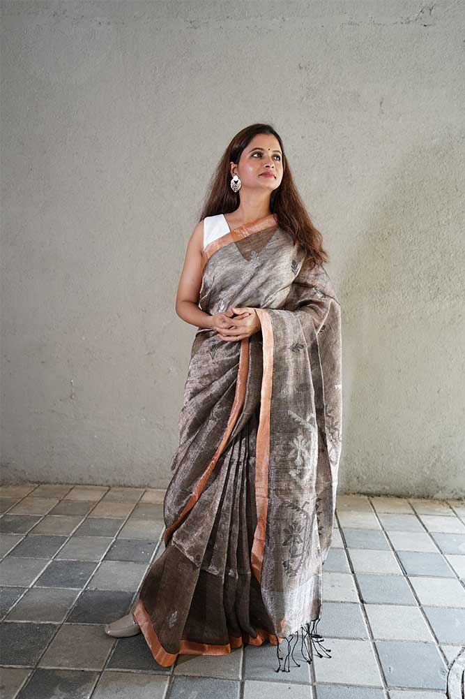 Beige Gold Jamdani Tissue Linen Sarees