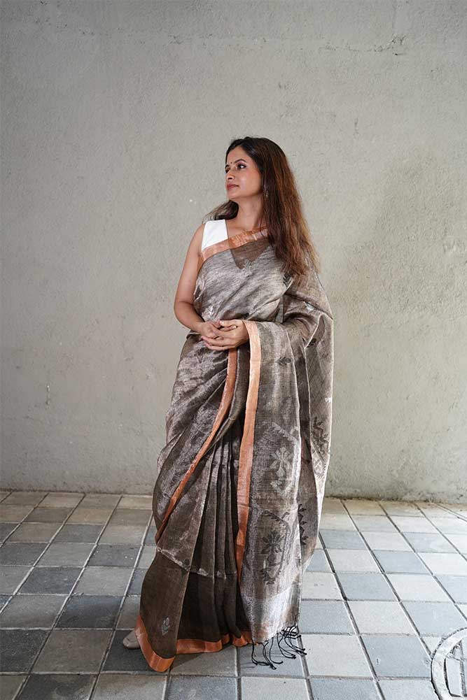 Beige Gold Jamdani Tissue Linen Sarees