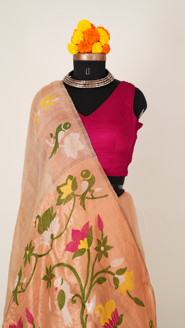 Beige Heavy Floral and Bird Pallu Handloom Silk Linen Saree