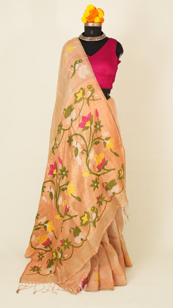 Beige Heavy Floral and Bird Pallu Handloom Silk Linen Saree