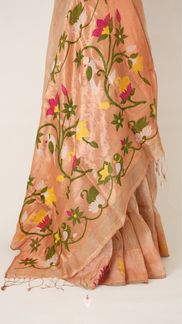 Beige Heavy Floral and Bird Pallu Handloom Silk Linen Saree