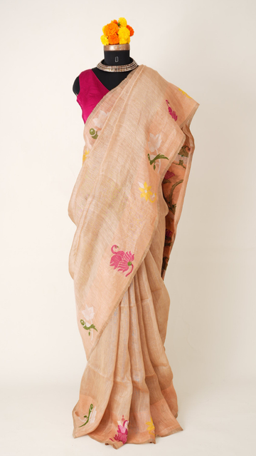 Beige Heavy Floral and Bird Pallu Handloom Silk Linen Saree