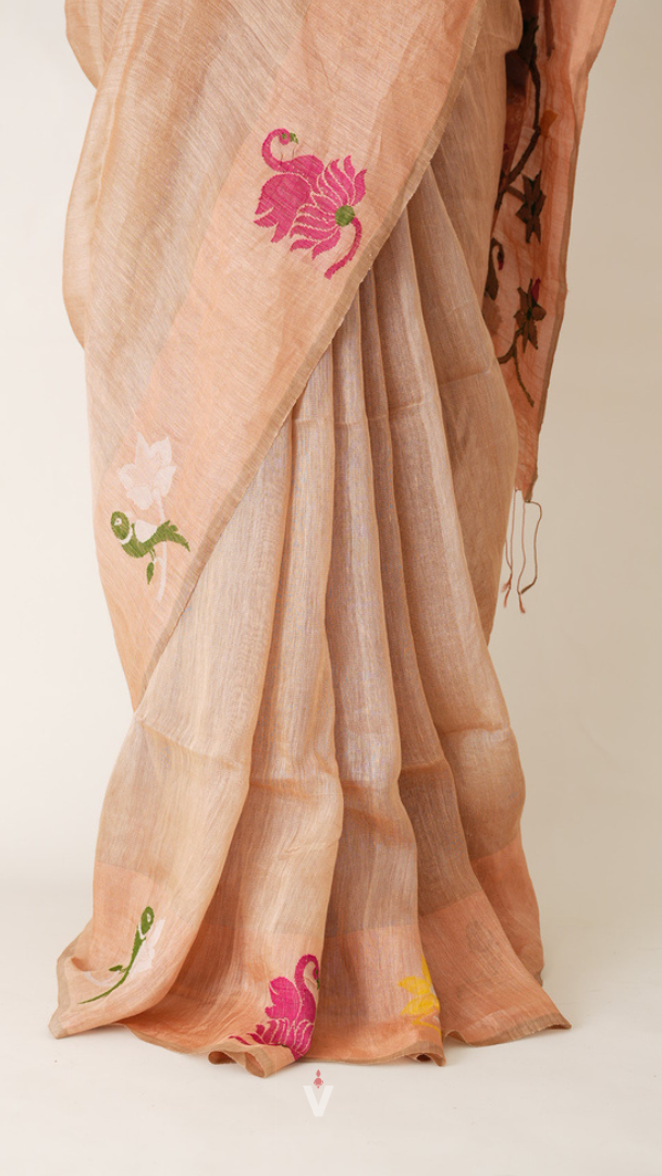 Beige Heavy Floral and Bird Pallu Handloom Silk Linen Saree