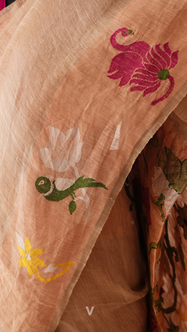 Beige Heavy Floral and Bird Pallu Handloom Silk Linen Saree