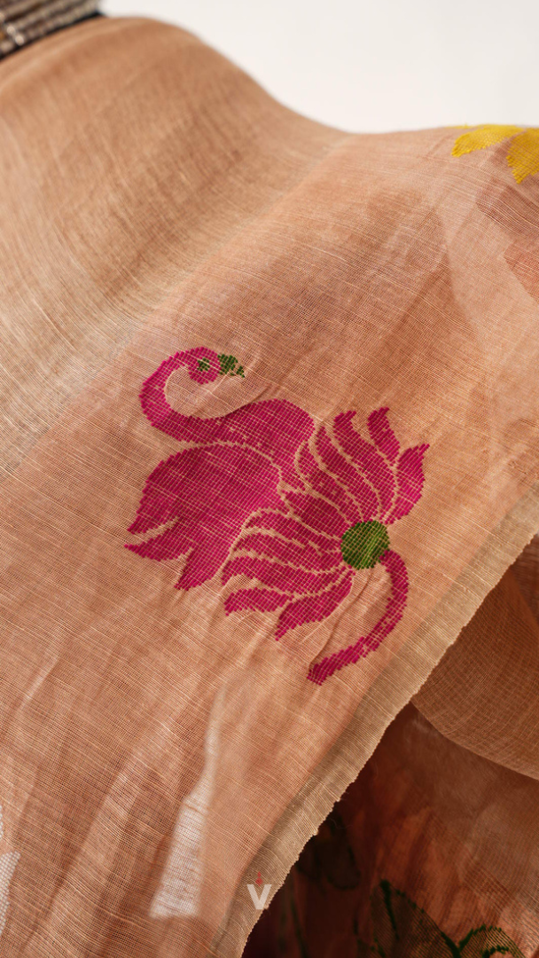 Beige Heavy Floral and Bird Pallu Handloom Silk Linen Saree