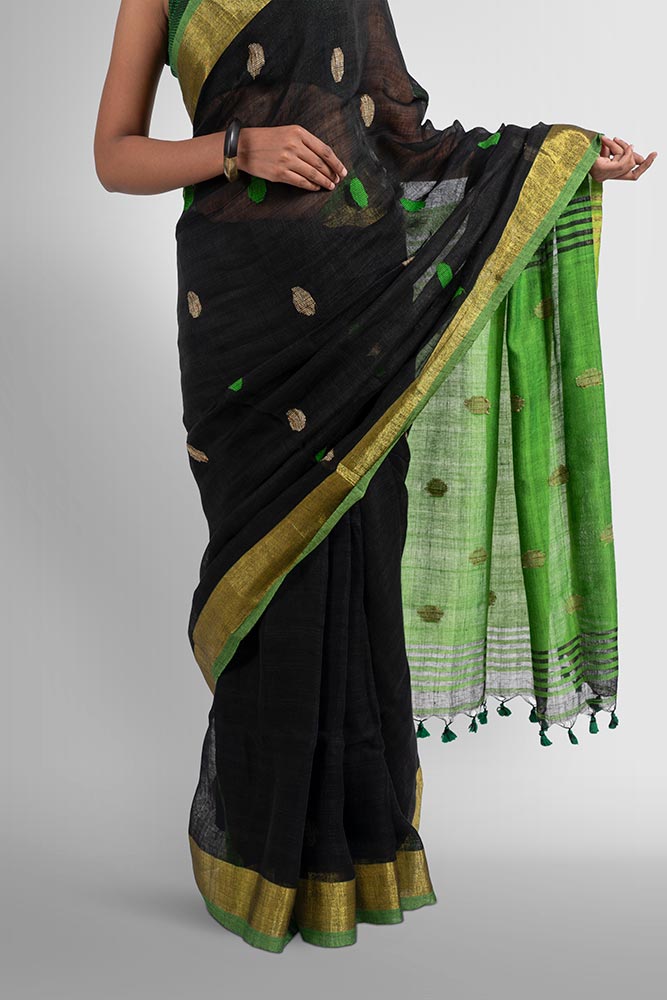 Black Green Butti Linen Handloom