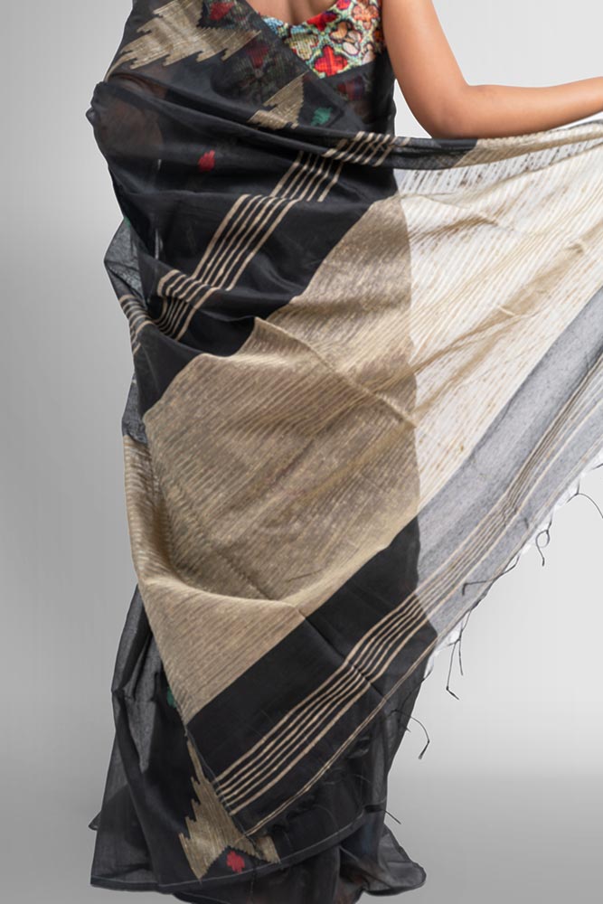 Black with Temple work Zari-strip Pallu Handloom Cotton