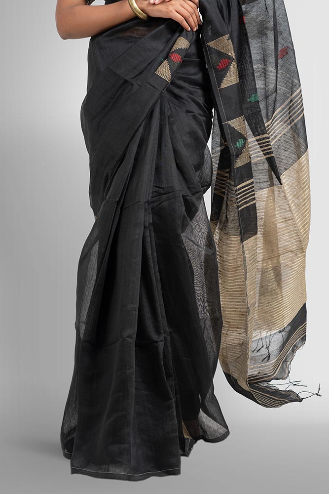 Black with Temple work Zari-strip Pallu Handloom Cotton