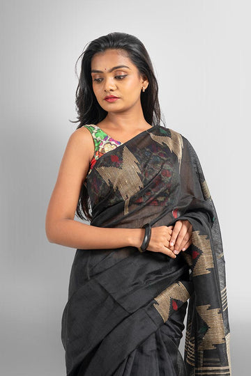 Black with Temple work Zari-strip Pallu Handloom Cotton