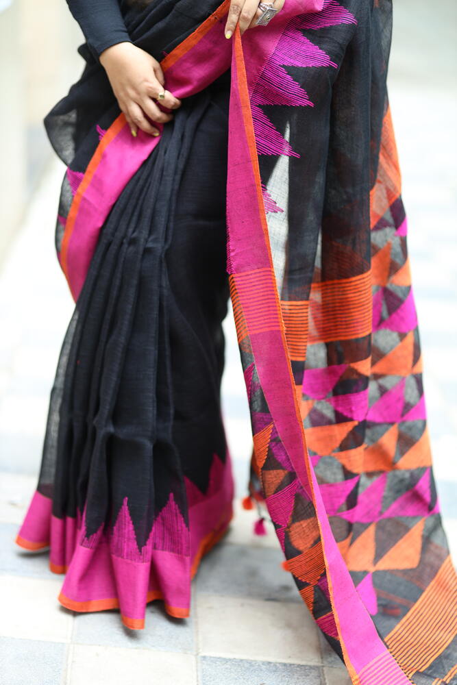 Black with Orange and Pink Temple Border Handloom Linen