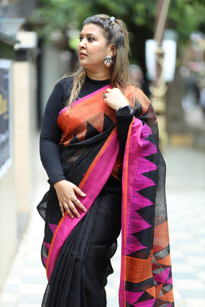 Black with Orange and Pink Temple Border Handloom Linen