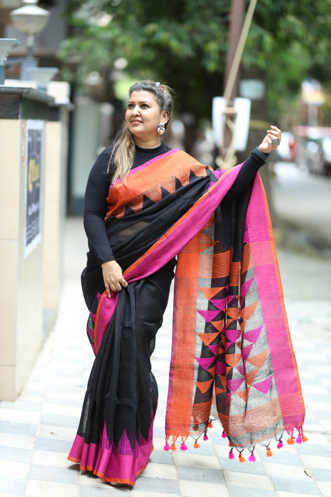 Black with Orange and Pink Temple Border Handloom Linen