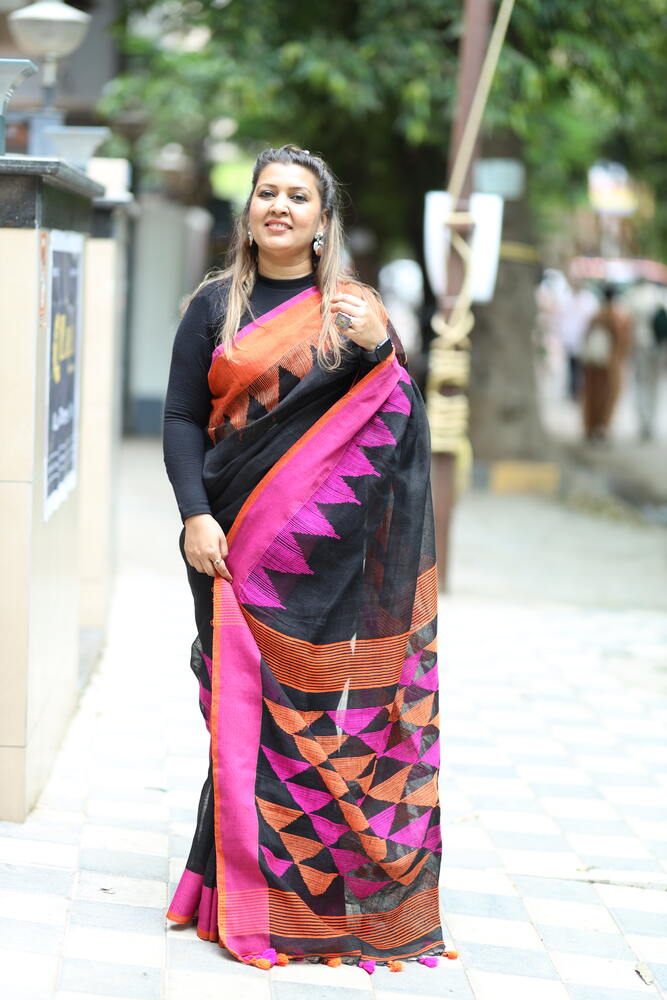 Black with Orange and Pink Temple Border Handloom Linen
