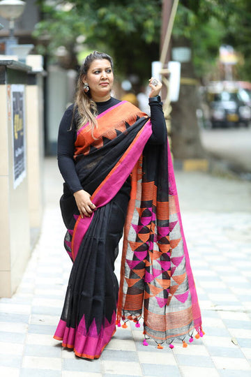 Black with Orange and Pink Temple Border Handloom Linen