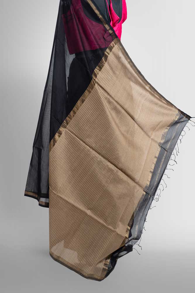 Black Cotton Silk Handloom Maheshwari Saree with Gold Zari & Ghicha Pallu