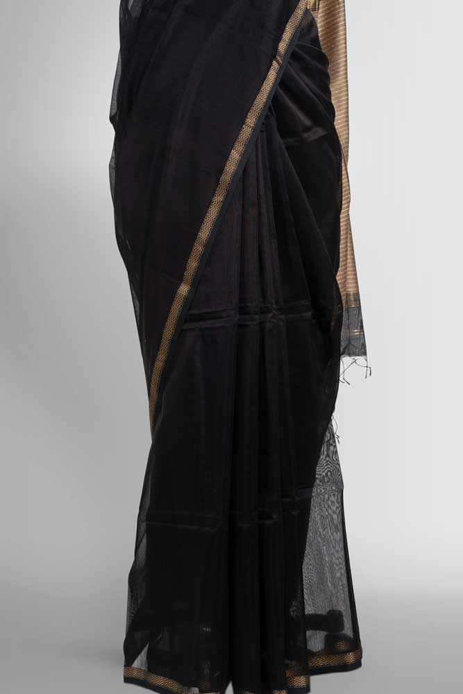 Black Cotton Silk Handloom Maheshwari Saree with Gold Zari & Ghicha Pallu