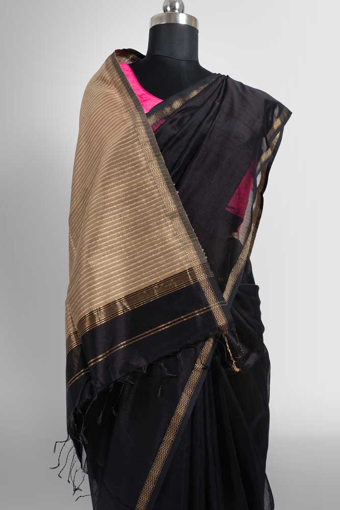 Black Cotton Silk Handloom Maheshwari Saree with Gold Zari & Ghicha Pallu