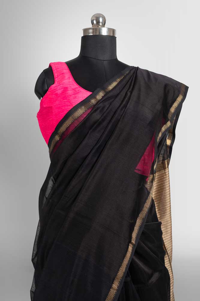 Black Cotton Silk Handloom Maheshwari Saree with Gold Zari & Ghicha Pallu