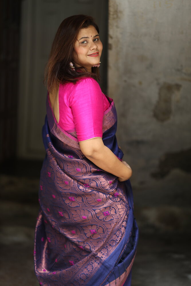 Blue Banarasi Pallu Organic Handloom Linen