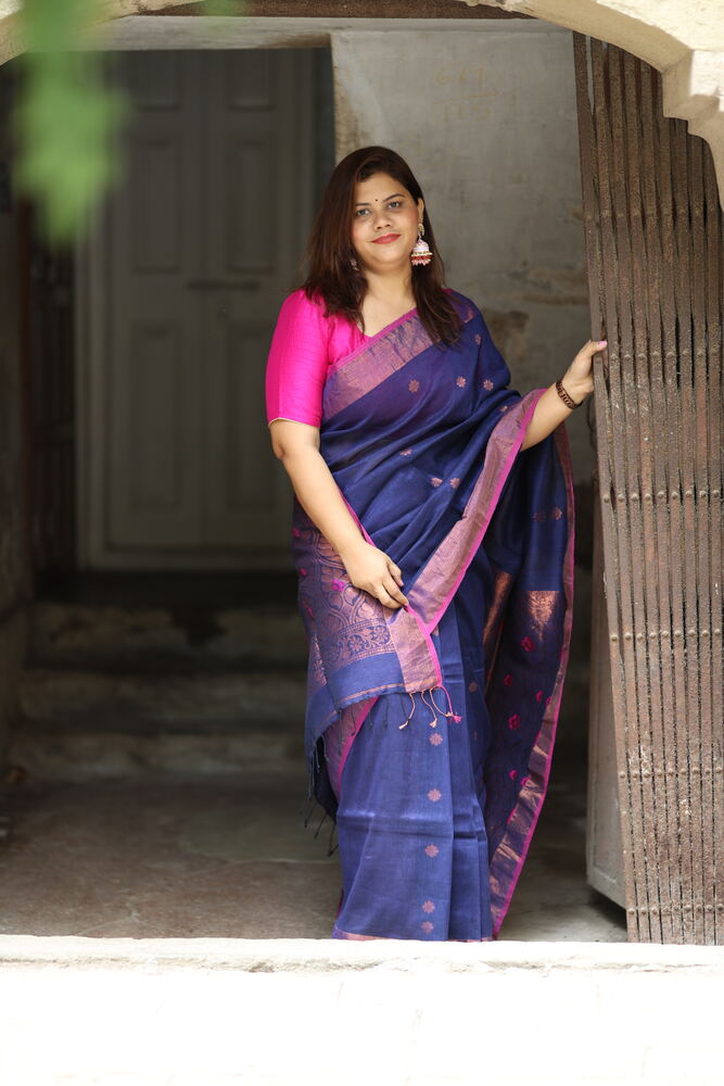 Blue Banarasi Pallu Organic Handloom Linen