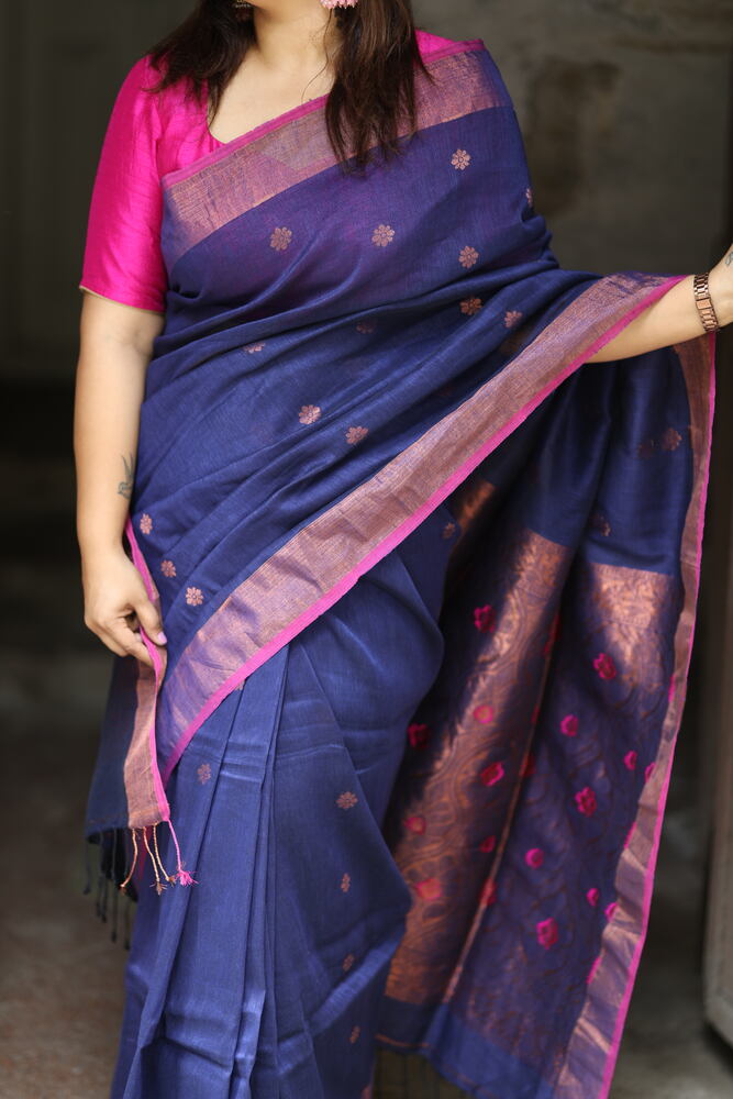 Blue Banarasi Pallu Organic Handloom Linen
