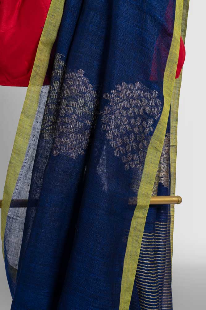 Blue Zari Flower Handloom Linen Saree