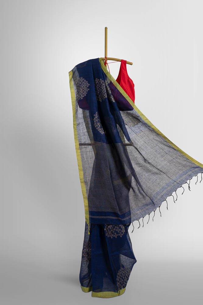 Blue Zari Flower Handloom Linen Saree