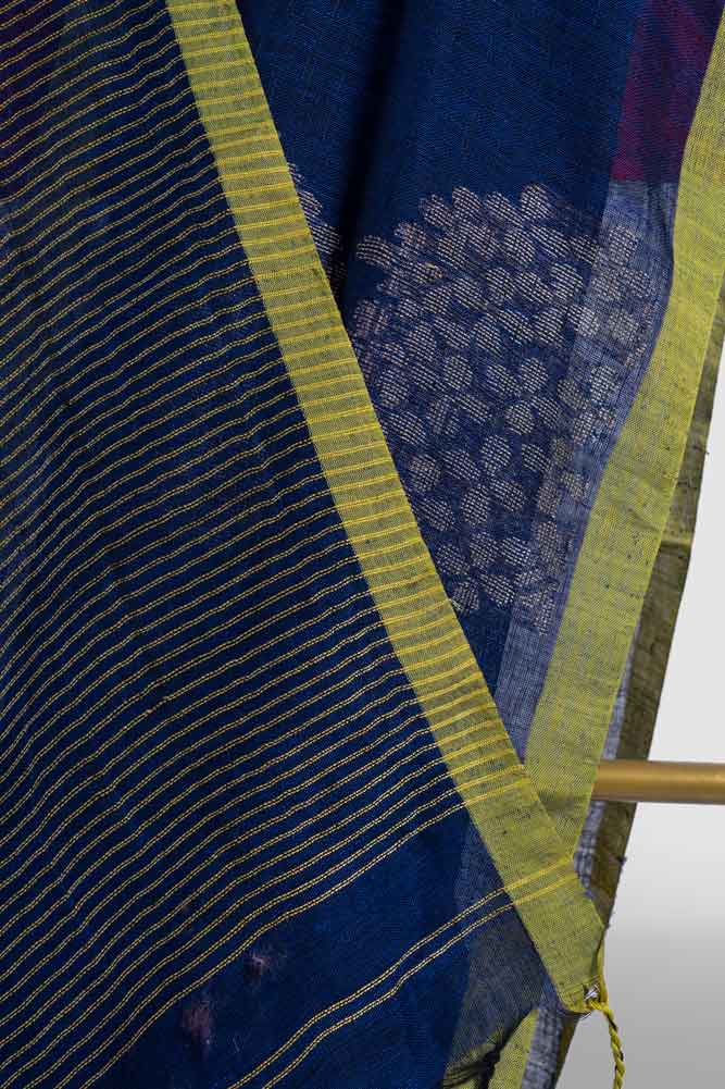 Blue Zari Flower Handloom Linen Saree