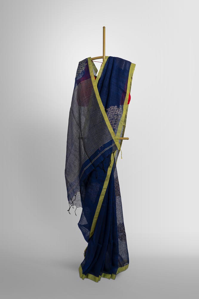 Blue Zari Flower Handloom Linen Saree