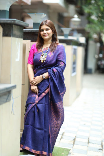 Blue Meenakari Butti with Banarasi Pallu Handloom Linen