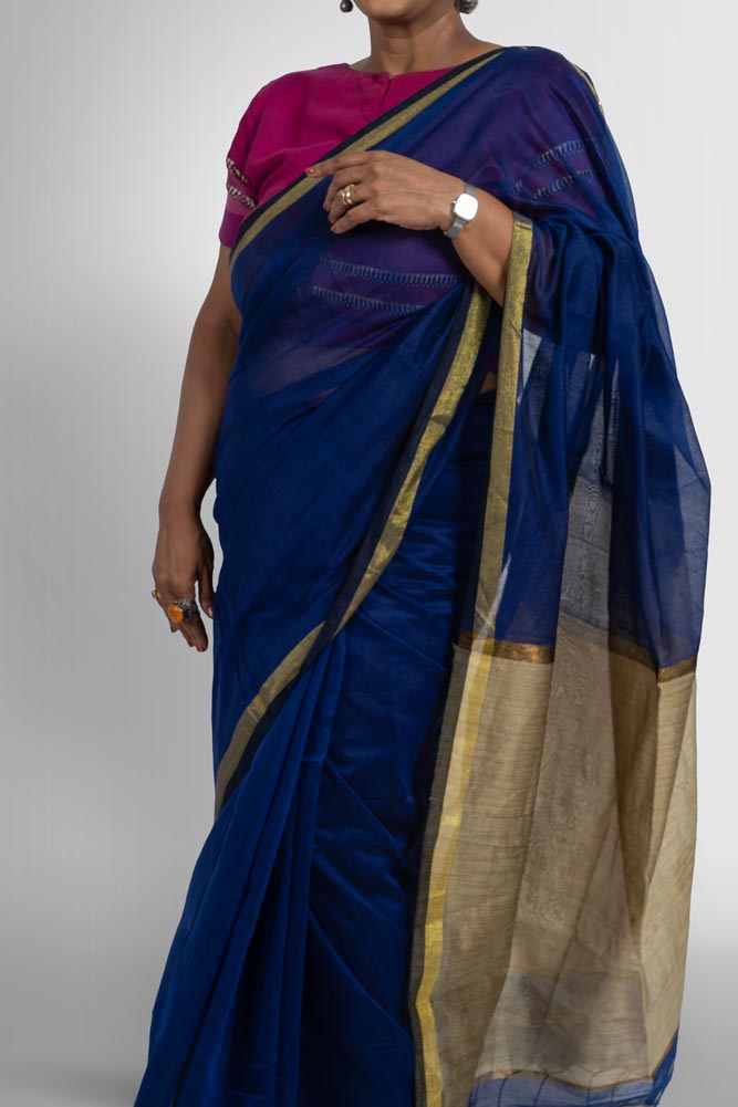Blue Handloom Cotton Silk Saree with Ghicha look alike pallu and Gold Zari border