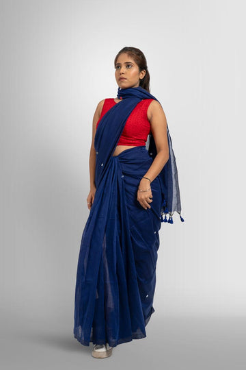 Blue Taseels Handloom Saree with Silver Bindi