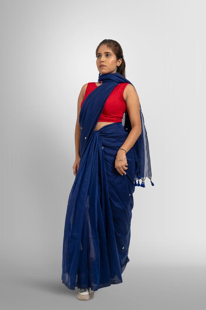Blue Taseels Handloom Saree with Silver Bindi