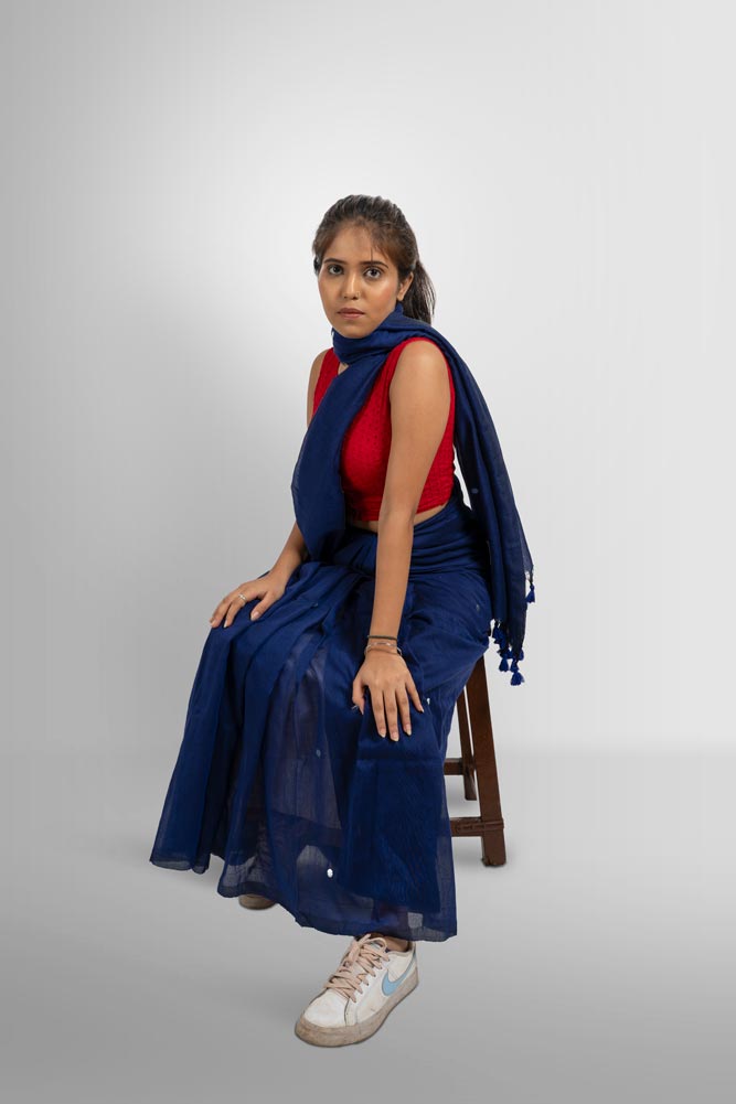 Blue Taseels Handloom Saree with Silver Bindi