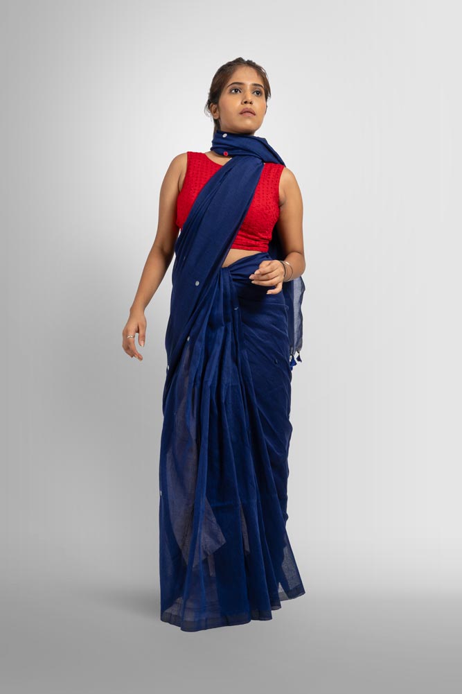 Blue Taseels Handloom Saree with Silver Bindi