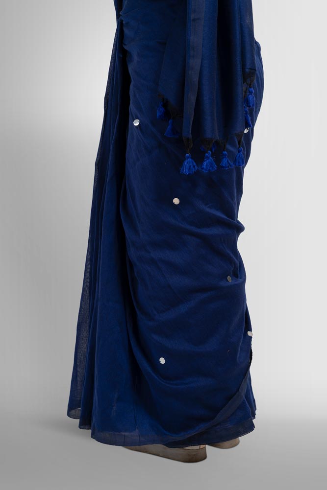 Blue Taseels Handloom Saree with Silver Bindi