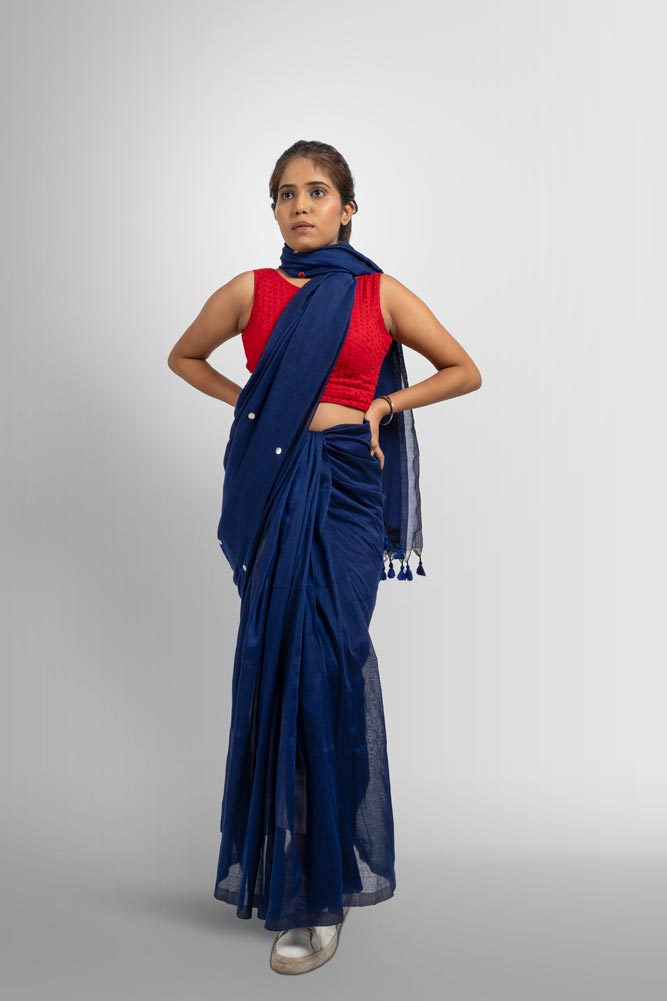 Blue Taseels Handloom Saree with Silver Bindi