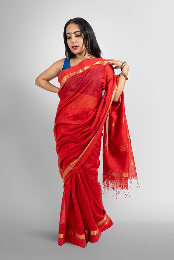 Bold Red Maheshwari Self-stripe Zari Pallu handloom